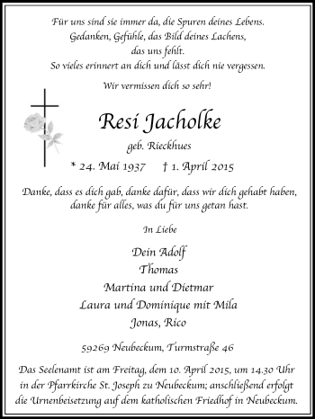 Traueranzeige von Resi Jacholke von Die Glocke