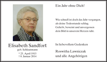 Traueranzeige von Elisabeth Sandfort von Die Glocke