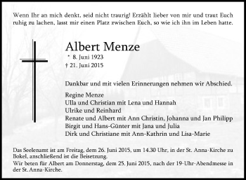 Traueranzeige von Albert Menze von Die Glocke