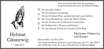 Traueranzeige von Helmut Günnewig von Die Glocke