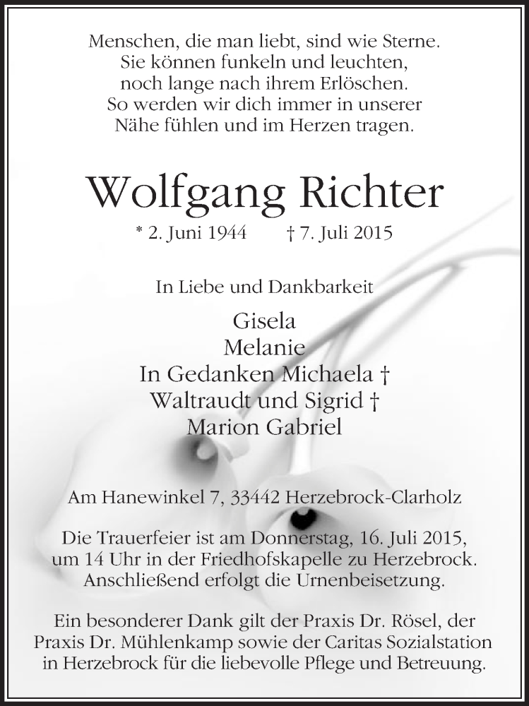  Traueranzeige für Wolfgang Richter vom 11.07.2015 aus Die Glocke