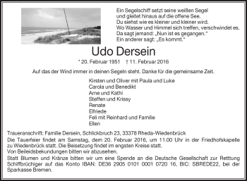 Traueranzeige von Udo Dersein von Die Glocke