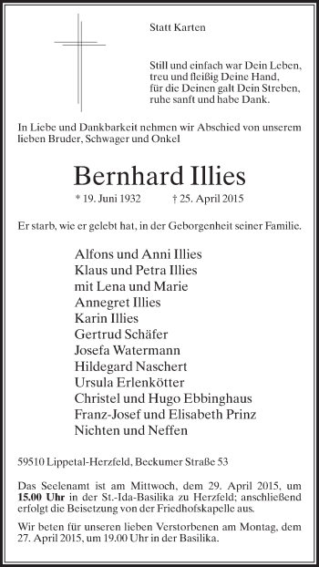 Traueranzeige von Bernhard Illies von Die Glocke