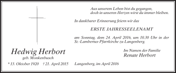 Traueranzeige von Hedwig Herbort von Die Glocke