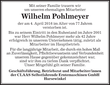 Traueranzeige von Wilhelm Pohlmeyer von Die Glocke