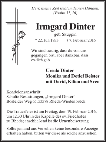 Traueranzeige von Irmgard Dinter von Die Glocke