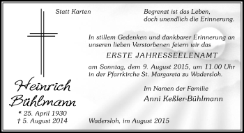 Traueranzeige von Heinrich Bühlmann von Die Glocke