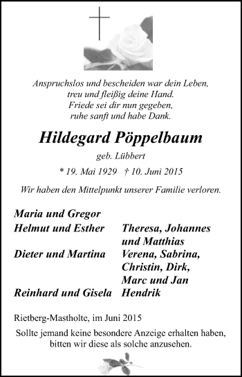 Traueranzeige von Hildegard Pöppelbaum von Die Glocke