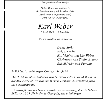 Traueranzeige von Karl Weber von Die Glocke