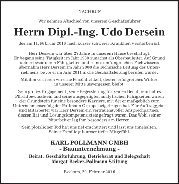 Traueranzeige von Udo Dersein von Die Glocke