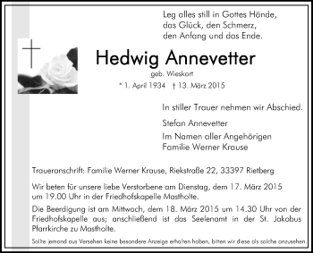 Traueranzeige von Hedwig Annevetter von Die Glocke