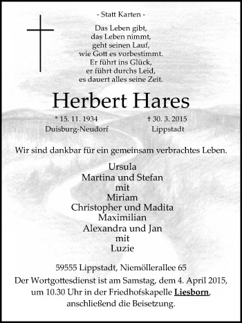 Traueranzeige von Herbert Hares von Die Glocke