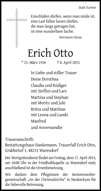 Traueranzeige von Erich Otto von Die Glocke