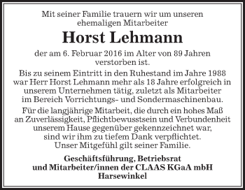 Traueranzeige von Horst Lehmann von Die Glocke