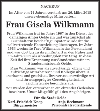 Traueranzeige von Gisela Wilkmann von Die Glocke