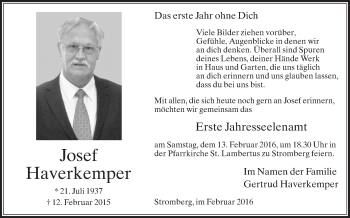 Traueranzeige von Josef Haverkemper von Die Glocke