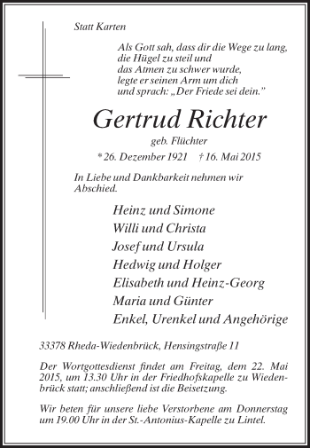Traueranzeige von Gertrud Richter von Die Glocke