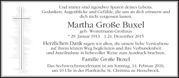 Traueranzeige von Martha Große Buxel von Die Glocke