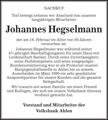 Traueranzeige von Johannes Hegselmann von Die Glocke