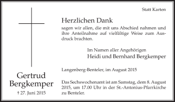 Traueranzeige von Gertrud Bergkemper von Die Glocke