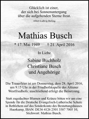 Traueranzeige von Mathias Busch von Die Glocke