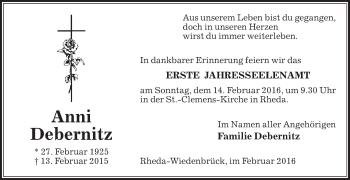 Traueranzeige von Anni Debernitz von Die Glocke