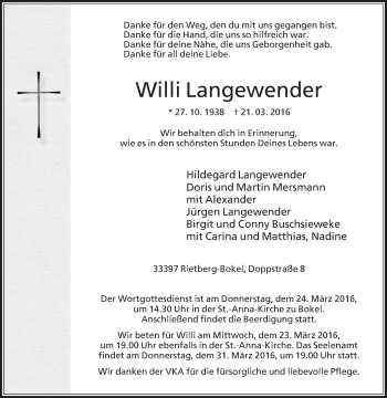 Traueranzeige von Willi Langewender von Die Glocke