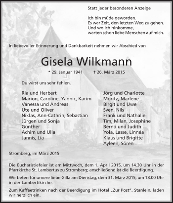 Traueranzeige von Gisela Wilkmann von Die Glocke