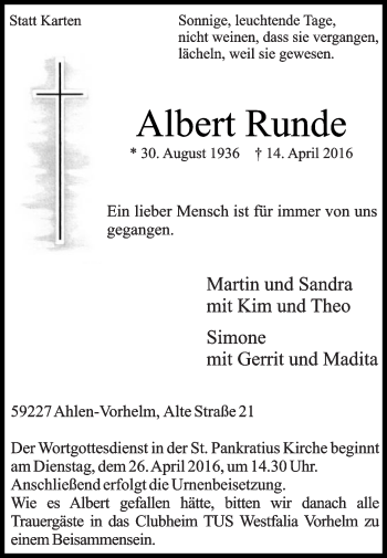 Traueranzeige von Albert Runde von Die Glocke