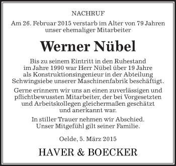 Traueranzeige von Werner Nübel von Die Glocke