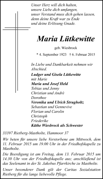 Traueranzeige von Maria Lütkewitte von Die Glocke