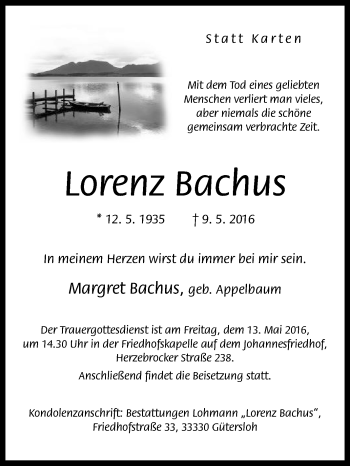 Traueranzeige von Lorenz Bachus von Die Glocke