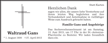 Traueranzeige von Waltraud Gans von Die Glocke