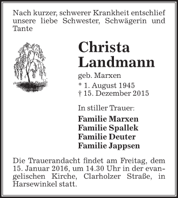 Traueranzeige von Christa Landmann von Die Glocke
