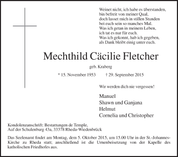Traueranzeige von Mechthild Cäcilie Fletcher von Die Glocke