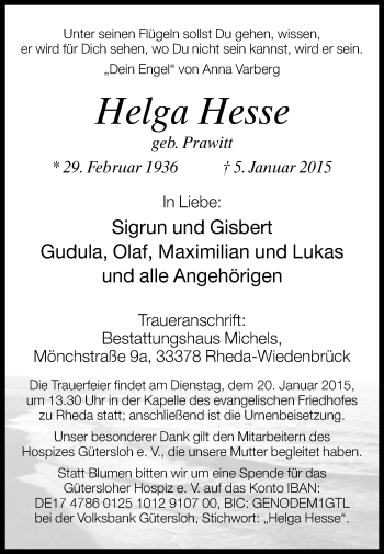 Traueranzeige von Helga Hesse von Die Glocke