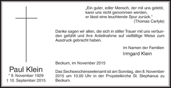 Traueranzeige von Paul Klein von Die Glocke