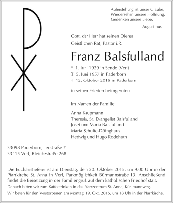 Traueranzeige von Franz Balsfulland von Die Glocke