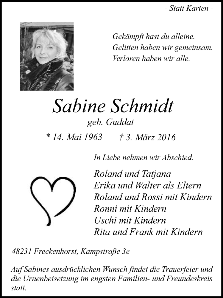  Traueranzeige für Sabine Schmidt vom 08.03.2016 aus Die Glocke