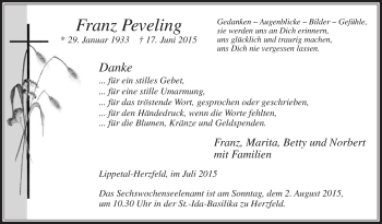 Traueranzeige von Franz Peveling von Die Glocke