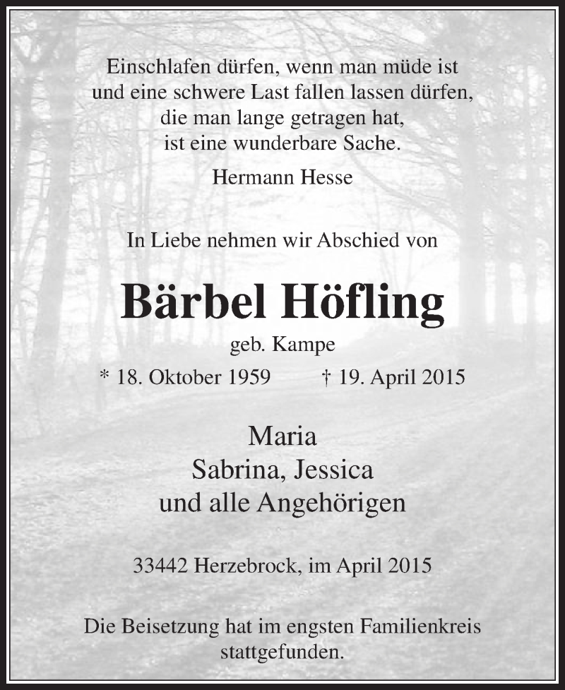  Traueranzeige für Bärbel Höfling vom 29.04.2015 aus Die Glocke