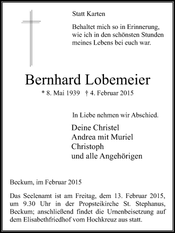 Traueranzeige von Bernhard Lobemeier von Die Glocke