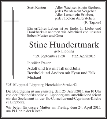 Traueranzeige von Stine Hundertmark von Die Glocke