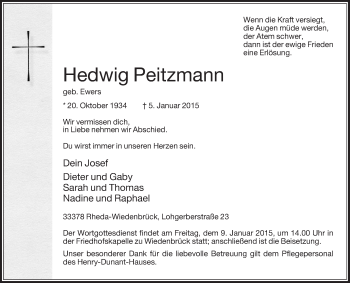 Traueranzeige von Hedwig Peitzmann von Die Glocke