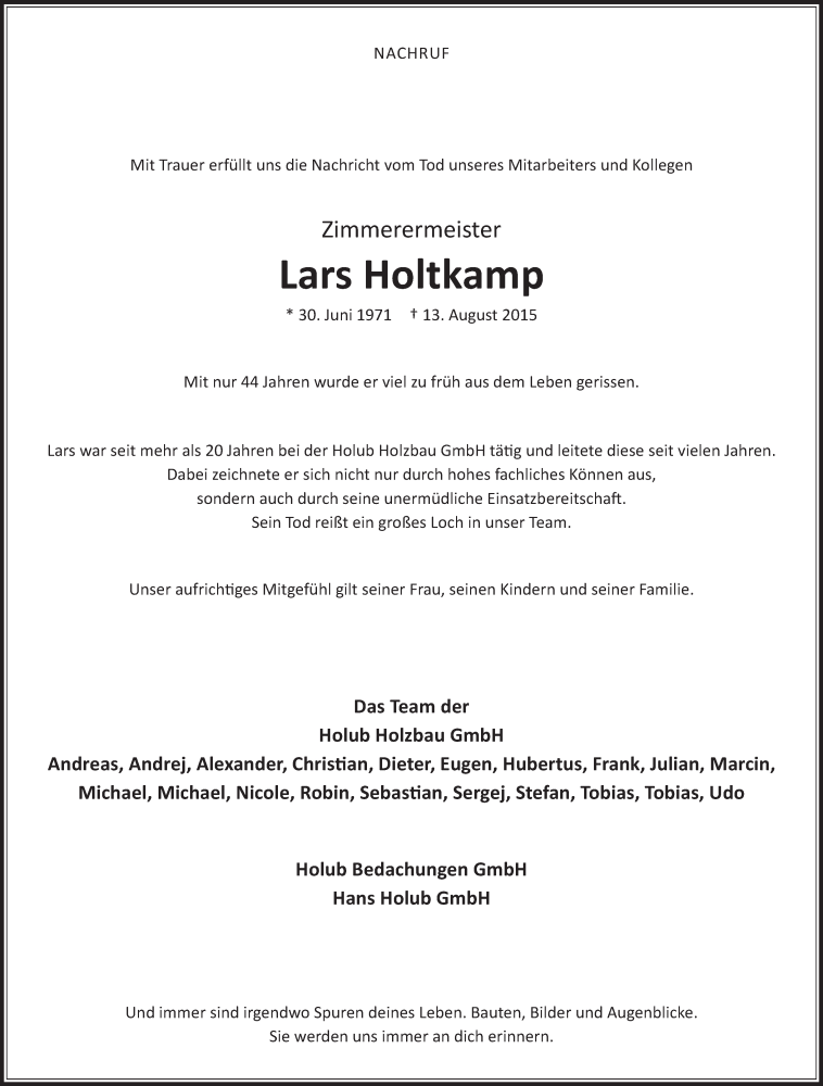  Traueranzeige für Lars Holtkamp vom 18.08.2015 aus Die Glocke