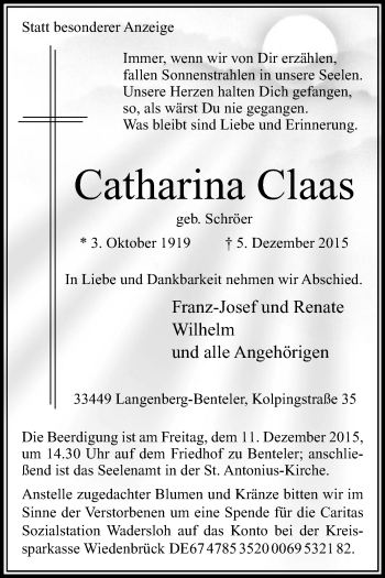 Traueranzeige von Catharina Claas von Die Glocke