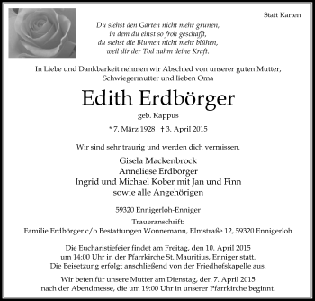 Traueranzeige von Edith Erdbörger von Die Glocke
