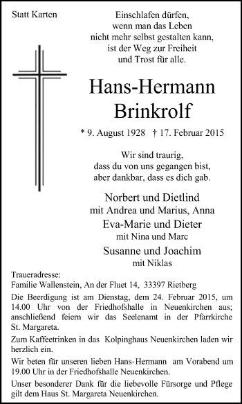 Traueranzeige von Hans-Hermann Brinkrolf von Die Glocke