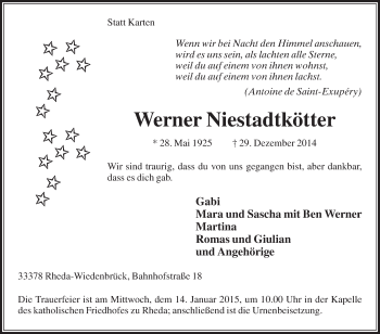 Traueranzeige von Werner Niestadtkötter von Die Glocke