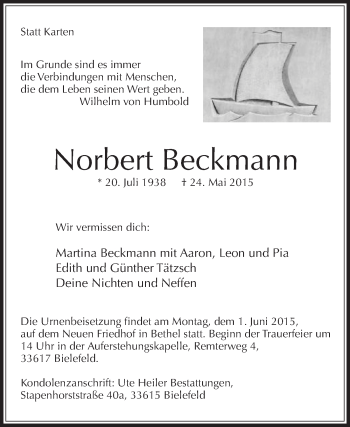 Traueranzeige von Norbert Beckmann von Die Glocke